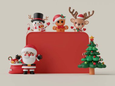 Noel teması 3D illüstrasyon, Noel Baba ve arkadaşı Noel karakteri, kırmızı fotokopi alanı olan Noel ağacı