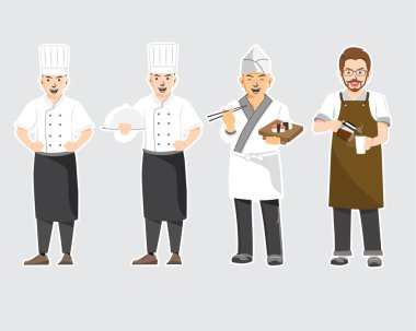 Profesyonel Aşçı Karakterleri, Restoran Personeli Vektör Çizim Karakteri.