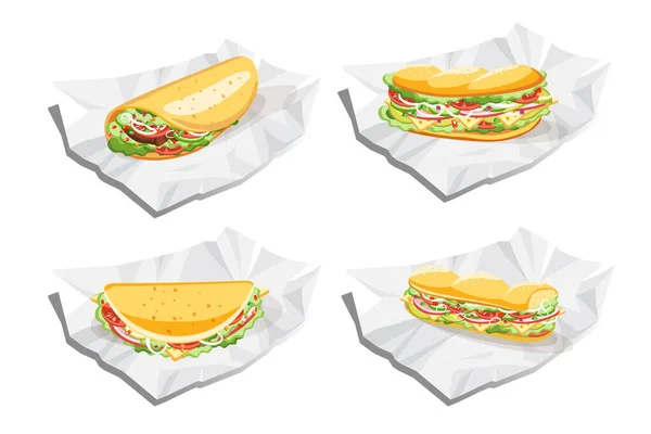 Sándwich Desayuno Taco Burrito Ilustración Vectores Comida Rápida — Archivo Imágenes Vectoriales