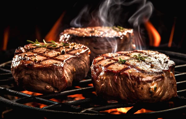 Grilled beef steaks on the grill with flames and smoke.