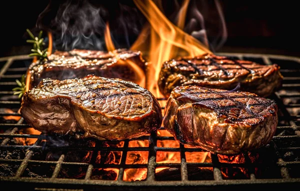 Grilled beef steaks on the grill with flames and smoke.