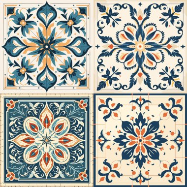 Geçmişe dönük dört vektörsüz şablon kümesi. Renkli çiçek ve çiçek arkaplanları.