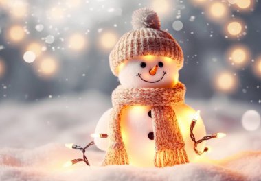 Bokeh arka planında Noel ışıkları olan bir kardan adam