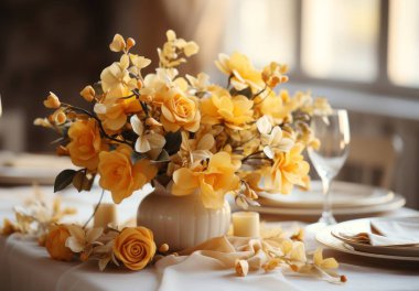 Cam vazoda çiçekler ve mumlarla düğün masası.