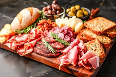 Dilimlenmiş et, çeşitli peynirler, taze meyveler ve süslerle dolu taşralı bir şarküteri tahtası. Eğlenmek için mükemmel.