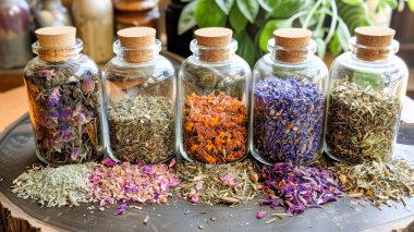 Ahşap bir yüzeye yayılmış kurutulmuş bitki ve çiçeklerin rengarenk bir karışımı yatıştırıcı bir bitki çayı yapmak için mükemmel.