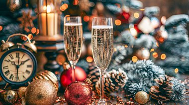 Şampanya bardakları ve saat gece yarısına kadar sayıyor Yeni yıl arifesinde parıltı ve pırıltı