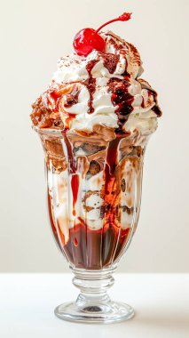Zengin çikolatalı dondurmayla dolu uzun cam sundae, parlak kırmızı kirazlı ve şuruplu bol kremalı krema.