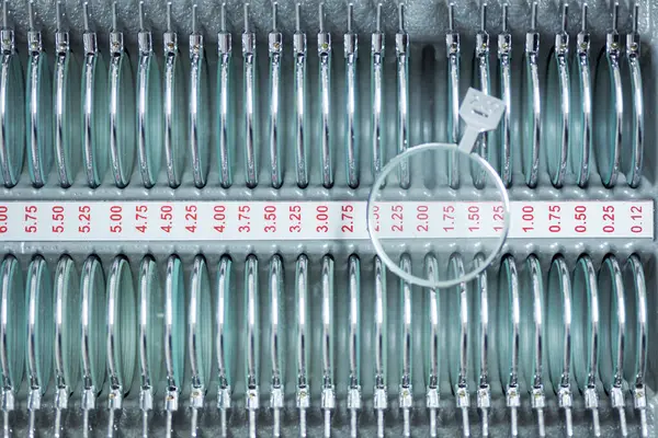 Optisyen için pek çok farklı deney lensini kapatın. Gözlük seçimi için gözlük seti