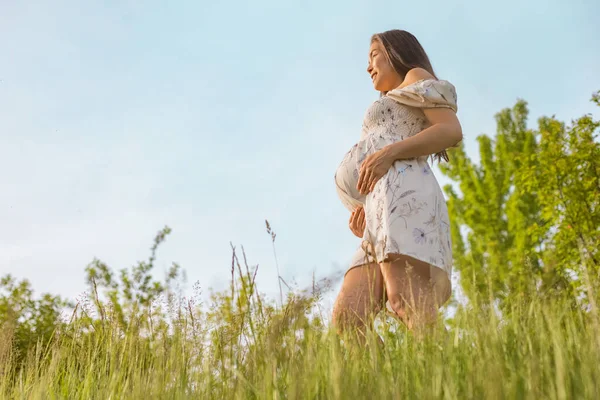 Ayda Hamile Bir Kadın Hamileliği Boyunca Temiz Hava Soluyor Asyalı — Stok fotoğraf