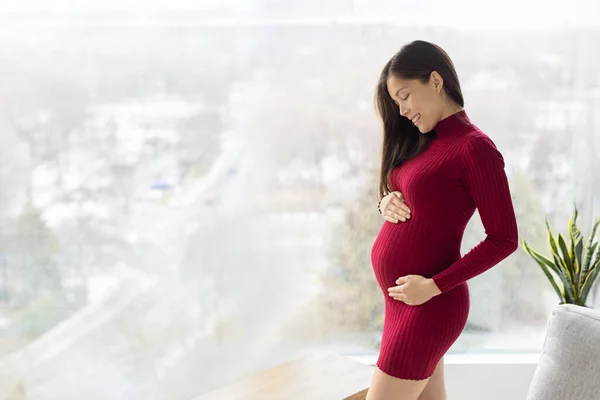 Asijská Těhotná Žena Doma Prenatální Těhotenství Fotografie Krásného Modelu Stojí — Stock fotografie