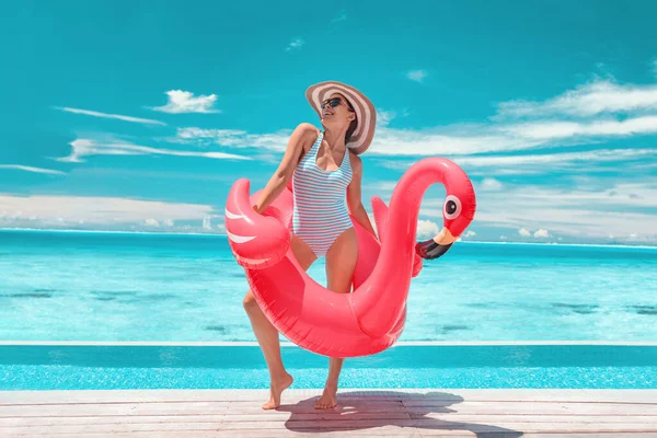해변에서 휴가를 보내는 일광욕을 즐기는 수영장에서 수영하는 분홍색 플라밍고와 휴식을 — 스톡 사진