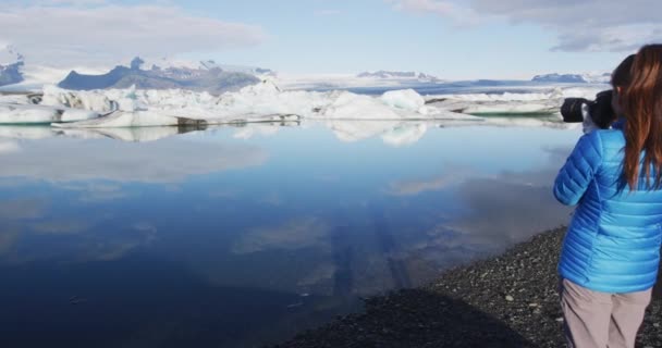 Island Fotograf Turist Island Fotografera Naturlandskap Jokulsarlon Glacial Lagun Glaciär — Stockvideo