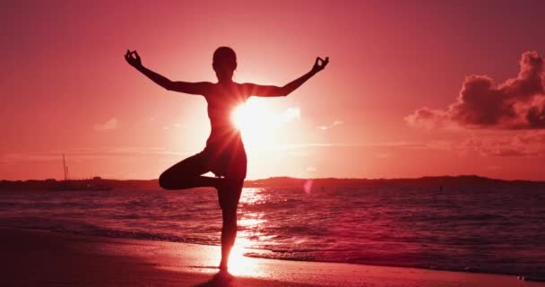Yoga Frau Strand Sonnenuntergang Baum Pose Meditiert Freien Auf Dem — Stockvideo