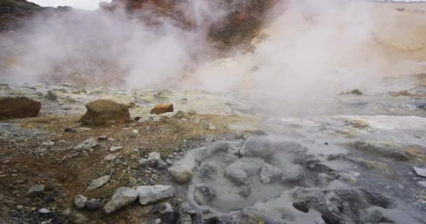アイスランドの風景 マッドポット温泉アイスランドの自然火山 ハバーロンドナー ハーバー マッドポットが温泉やフマロールを泡立てています アイスランド南西部レイキャヤネスのクリスヴィクにあるセルトゥン地熱発電所 — ストック動画