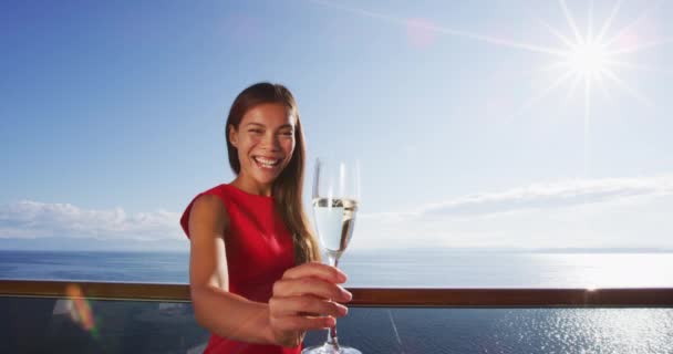Luxury Cruise Ship Travel Elegant Woman Drinking Champagne Toasting Champagne — Stockvideo