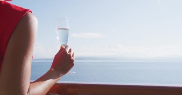 Champagne Glass Womans Hand Toasting Ocean Background Luxury Cruise Ship — Video Stock