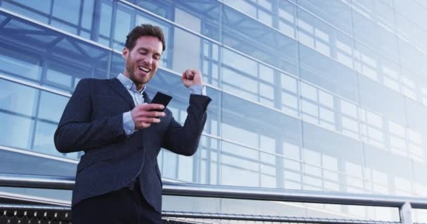 Business Man Success Celebrating Cheering Goal Achievement Happy Businessman Phone — Stock video