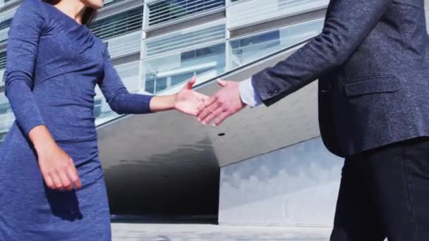 Handshake Business People Shaking Hands Handshake Business Man Businesswoman Outdoors — 비디오