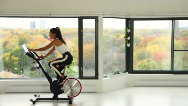 Exercise Home Spin Bicycle Fitness Workout Screen Woman Training Stationary — Stok video