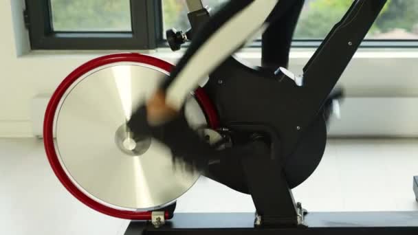 Closeup Spinning Wheel Exercise Bike Home Spin Bicycle Fitness Workout — Αρχείο Βίντεο