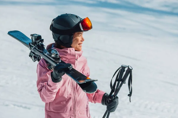 Skiing Skier Woman Athlete Going Skiing Slope Ski Piste Wearing — 图库照片