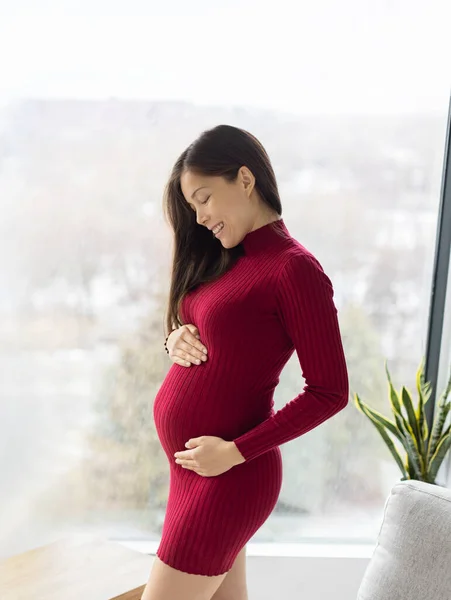 Pregnant Woman Home Prenatal Pregnancy Photo Beautiful Asian Model Standing — стоковое фото