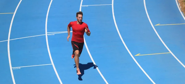 Runner athlete running on blue lanes track and field sport competition. Banner panoramic crop of man training cardio at stadium. Aerial top view.