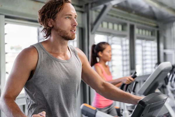 Fitness Gym People Training Elliptical Cardio Machine Trainer Interracial Couple — Stock Photo, Image