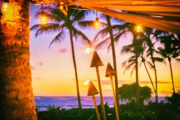 Hawaii Luau Party Fire Torches Sunset Hawaiian Icon Lights Burning — Stock Photo, Image