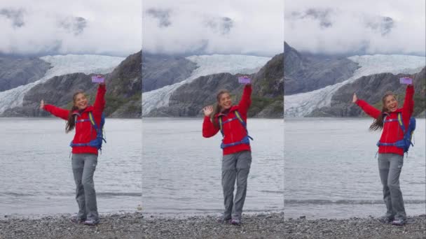 Telefone Mídia Social Vídeo Vertical Turista Alasca Levando Selfie Vídeo — Vídeo de Stock