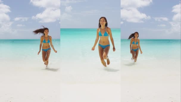 Telefon Sociální Média Vertikální Video Plážových Bikin Žena Běží Moře — Stock video