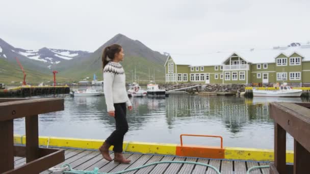 Asian Tourist Iceland Walking Wearing Icelandic Sweater Woman Visiting Iceland — Stock video