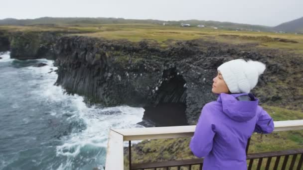 劇的な海岸と海の景色を楽しむアイスランド旅行の観光客 幸せな女性の観光訪問Arnarstapi Snaefellsnes West Iceland — ストック動画