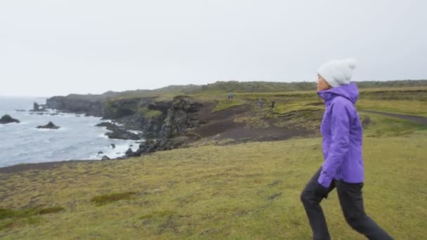 Islanda Turista Viaggio Piedi Escursioni Arnarstapi Snaefellsnes Godendo Vista Della — Video Stock
