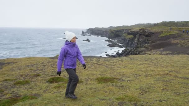 Iceland Tourist Travel Walking Hiking Arnarstapi Snaefellsnes Enjoying View Dramatic — Vídeos de Stock