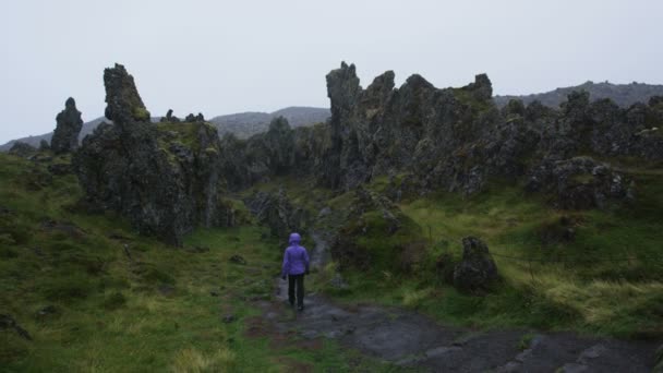 Ισλανδία Myvatn Dimmuborgir Σχηματισμοί Λάβας Πεζοπόρος Πεζοπορίας Νύχτα Λιβάδια Λάβας — Αρχείο Βίντεο