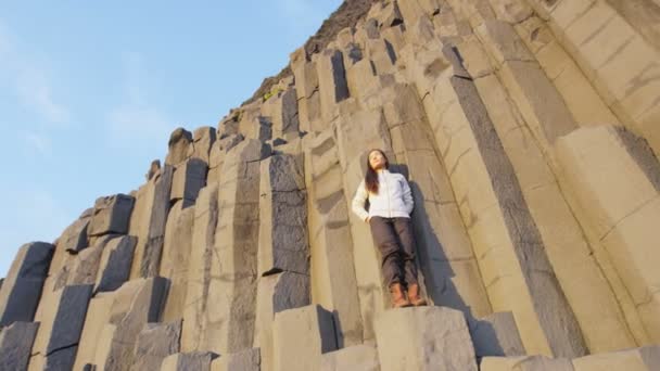 冰岛旅游妇女乘坐玄武岩柱在冰岛南部海岸的里尼斯法加拉黑色沙滩上 旅途愉快的女人游览旅游胜地 红色Epic慢速运动 — 图库视频影像