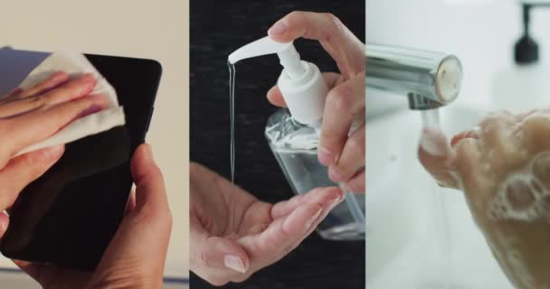 Handen Wassen Met Behulp Van Handreiniger Reiniging Desinfectie Van Telefoon — Stockvideo