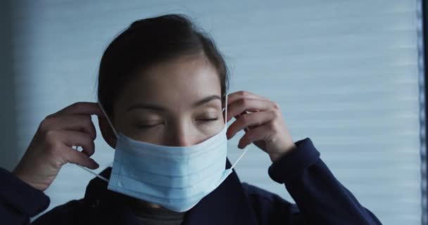 Woman Putting Surgical Face Mask Protection Coronavirus Sars Cov Slow — стоковое видео