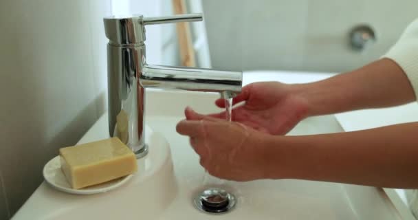 Coronavirus Pandemic Prevention Washing Hands Soap Bar Rinsing Hands Water — 图库视频影像