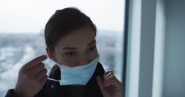 Woman Putting Surgical Face Mask Protection Coronavirus Going — Video