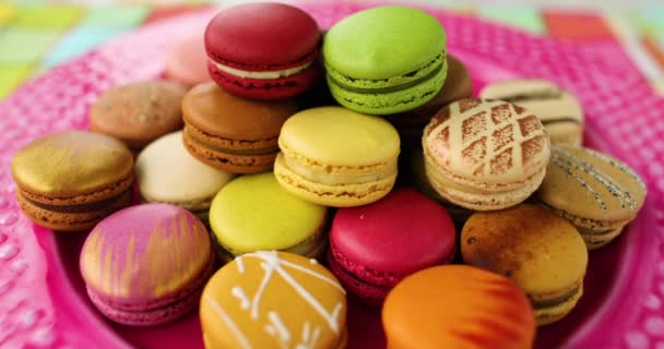 Many French Macarons Selection Colorful Pastries Pink Dessert Plate Retro — Wideo stockowe