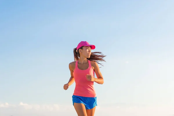 Fitness Woman Running Healthy Lifestyle Blue Sky Background Empty Copyspace —  Fotos de Stock