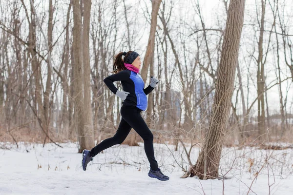 怀孕期间在冬季跑步的孕妇 跑步的女运动员女跑步者穿着保暖的运动衫在冬季的森林里慢跑 漂亮的健身模特和准妈妈 — 图库照片