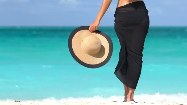 穿着黑色比基尼和沙隆的奢侈品女游客站在海滩上 性感的女人在岸上享受着风儿 夫人正在海滨度假胜地的碧绿大海边度假时戴着太阳帽 — 图库视频影像