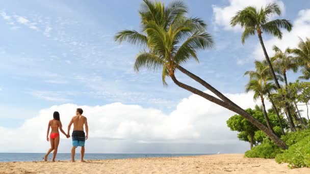ハワイのビーチバケーションカップル歩く 人々のライフスタイル Kaanapaliビーチ マウイ島 ハワイ州 アメリカ 女性一緒に夏の旅行の休日のための有名なハワイのビーチの目的地でリラックス — ストック動画