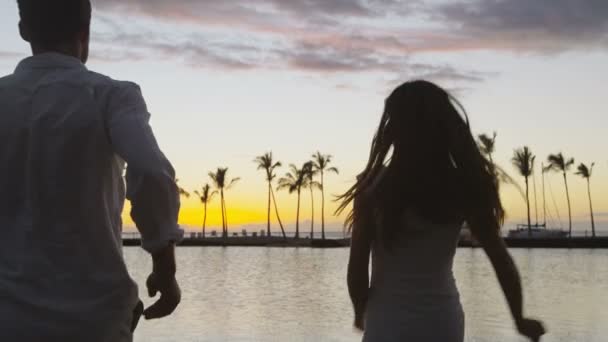 ビーチの美しい夕日で喜びを応援し 実行している人々との成功 達成と達成の概念 夜の旅行休暇でカップル Big Island ハワイ アメリカ — ストック動画