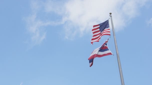夏威夷州的国旗和美国的国旗在蓝色的夏威夷天空中飘扬 — 图库视频影像