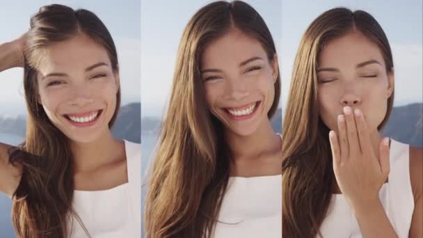Κάθετη Βίντεο Πορτρέτο Του Όμορφη Γυναίκα Χαμογελώντας Ευτυχισμένο Και Φυσώντας — Αρχείο Βίντεο